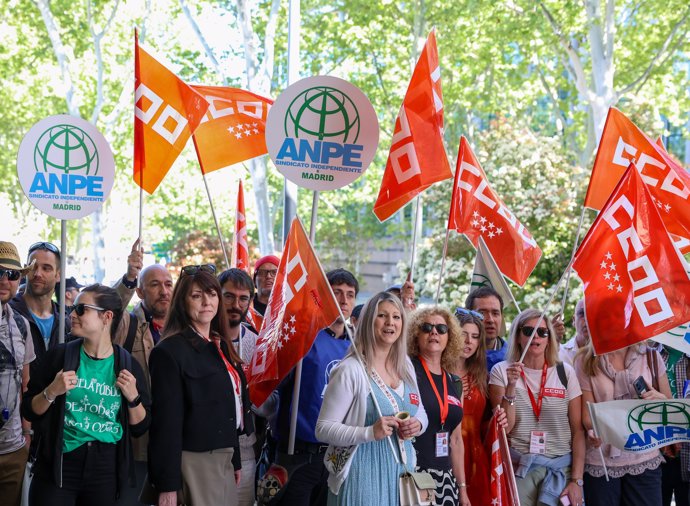 Los sindicatos educativos representados en la Mesa Sectorial de Educación de la Comunidad de Madrid se han concentrado este jueves frente a la Asamblea de Madrid para reclamar la bajada del horario lectivo