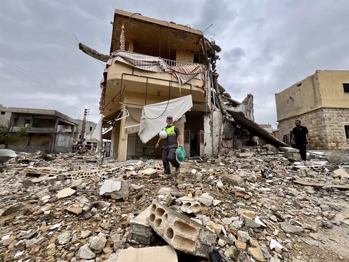 KFARCHOUBA, April 28, 2024  -- A building destroyed by an Israeli strike is seen in Kafr Kila, Lebanon, on April 27, 2024. Two Hezbollah fighters and a civilian were killed, and three other civilians injured on Saturday in Israeli air strikes in southern 