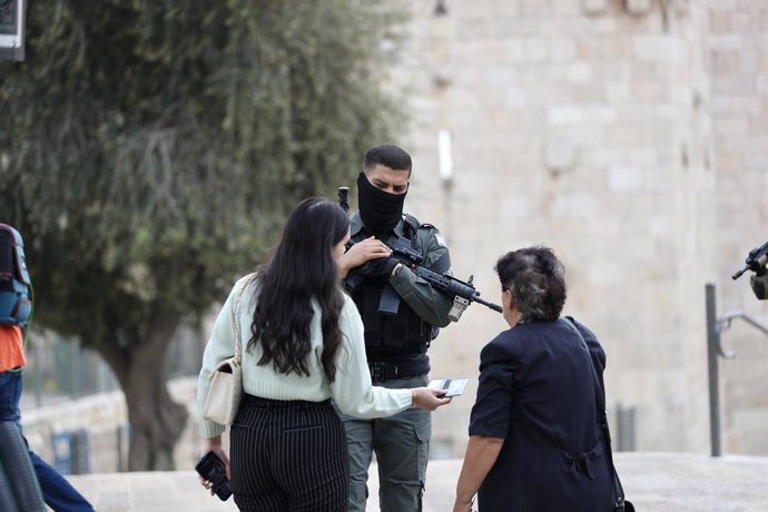 JERUSALEM, April 30, 2024  -- Israeli Security forces stand guard at the scene of a stabbing attack in the Old City of Jerusalem, on April 30, 2024. A Turkish national was shot and killed by Israeli police in East Jerusalem on Tuesday after he allegedly "