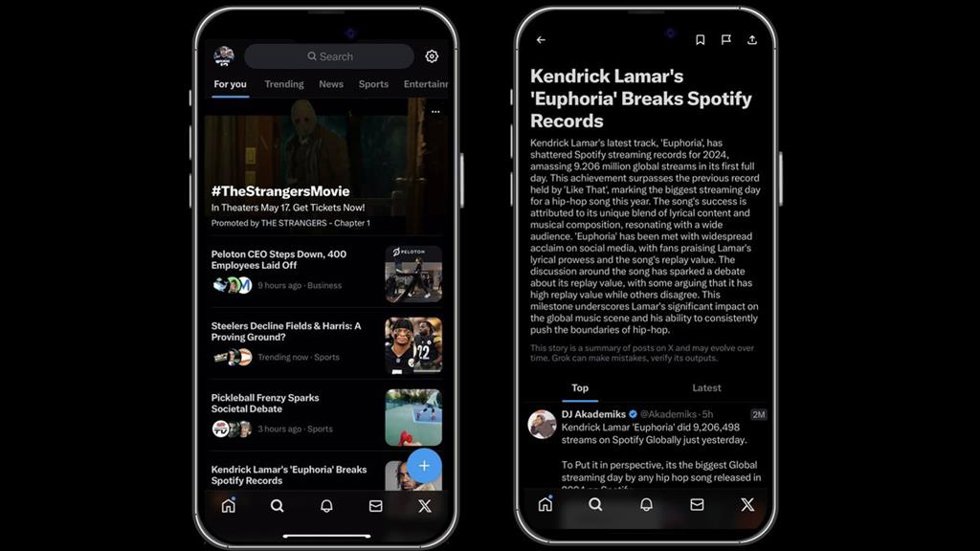 Interfaz de Historias en X, resúmenes de noticias que son tendencia impulsados por la IA de Grok