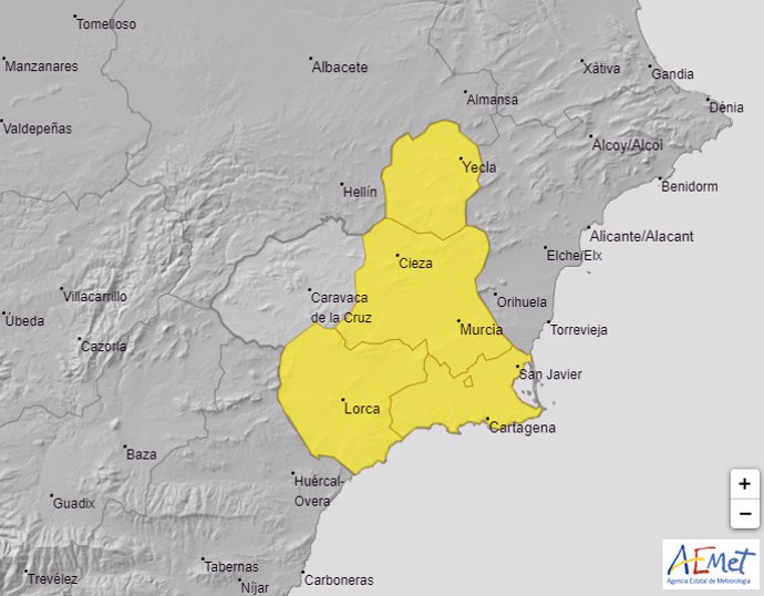 Mapa que refleja los avisos activos este lunes en la Región