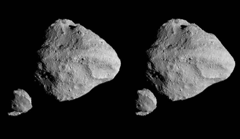 Un par de imágenes estereoscópicas de los asteroides Dinkinesh y Selam creadas con datos recopilados por la cámara L'LORRI de la nave espacial Lucy de la NASA