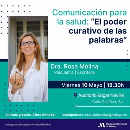Cartel de la conferencia de la doctora Rosa Molina dentro de Escuelas de Familia de la Diputación de Málaga.