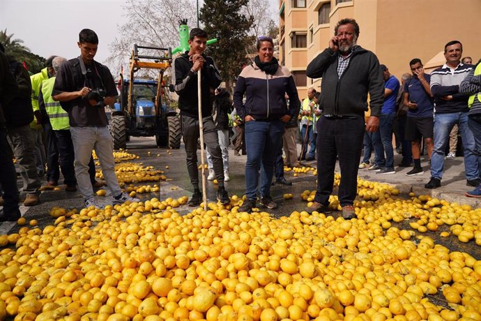 Archivo - Agricultores arrojan limones en la puerta de la Subdelegación del Gobierno de Málaga, 