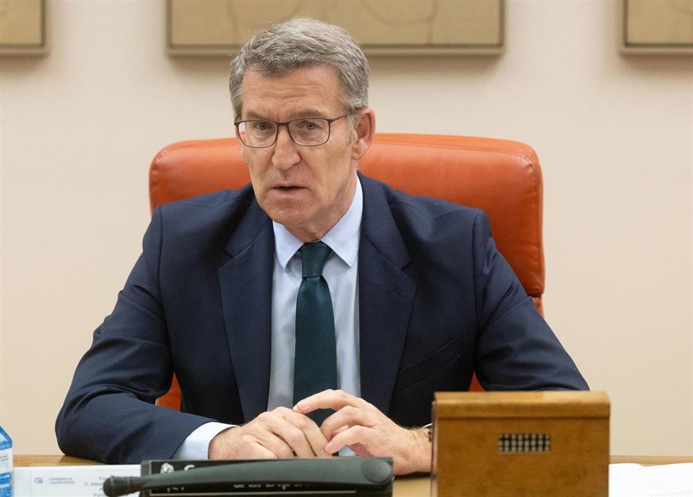 El líder del PP, Alberto Núñez Feijóo, preside la reunión de los grupos parlamentarios de Congreso y Senado a 30 de abril de 2024, en Madrid (España). 