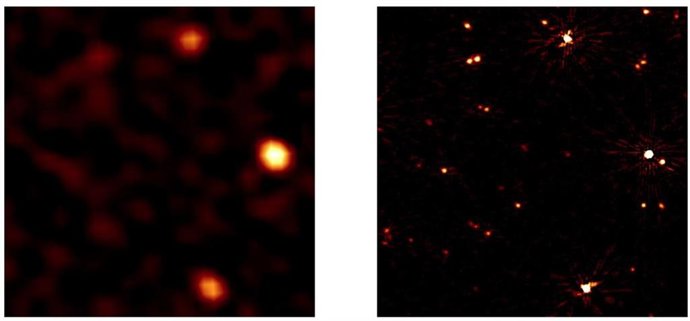 Lo viejo versus lo nuevo. A la izquierda se muestra una imagen de un trozo de cielo observado con la mejor técnica de calibración hasta ahora. A la derecha se muestra el mismo trozo de cielo con la nueva técnica.