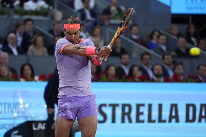 Rafael Nadal of Spain in action against Jiri Lehecka of Czech Republic during the Mutua Madrid Open 2024, ATP Masters 1000 and WTA 1000, tournament celebrated at Caja Magica on April 30, 2024 in Madrid, Spain.