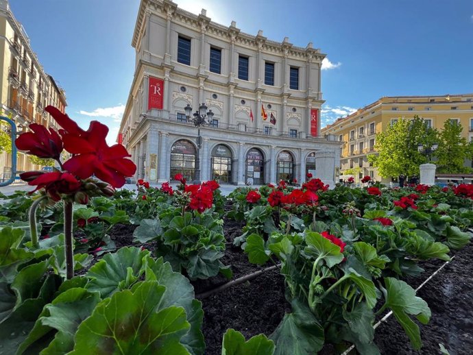 Las nuevas plantas para la temporada de primavera y verano ya adornan las inmediaciones del Teatro Real. (Plaza de Oriente, Madrid a 6 de mayo de 2024)