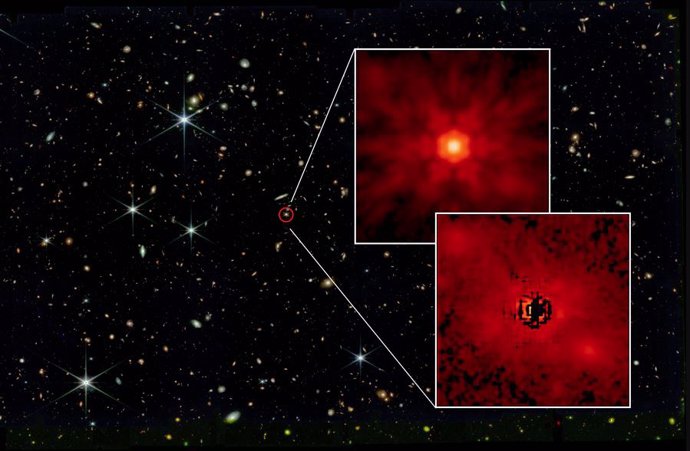 Una imagen del telescopio James Webb muestra el quásar J0148 rodeado de un círculo rojo. Dos recuadros muestran, arriba, el agujero negro central y abajo, la emisión estelar de la galaxia anfitriona.