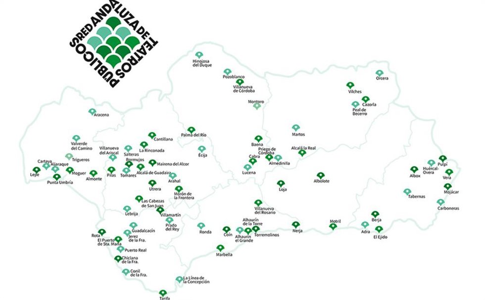Mapa de la Red Andaluza de Teatros Públicos.