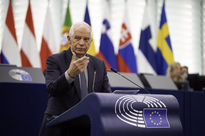 HANDOUT - 24 April 2024, France, Strasbourg: Josep Borrell, High Representative of the European Union for Foreign Affairs and Security Policy, speaks during the debate about Iran's attack on Israel in the European Parliament. Photo: Jeremy Baumert/EUROPEA