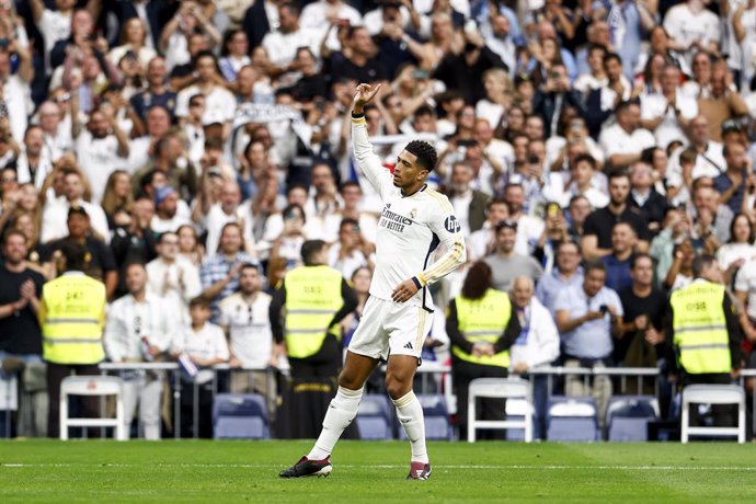 Jude Bellingham of Real Madrid celebrates a goal during the Spanish League, LaLiga EA Sports, football match played between Real Madrid and Cadiz CF at Santiago Bernabeu Stadium on May 04, 2024, in Madrid, Spain.