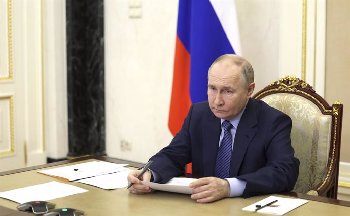 April 24, 2024, Moscow, Moscow Oblast, Russia: Russian President Vladimir Putin chairs a remote meeting via video conference on spring flood relief in the Orenburg, Kurgan and Tyumen regions from the Kremlin, April 24, 2024 in Moscow, Russia.