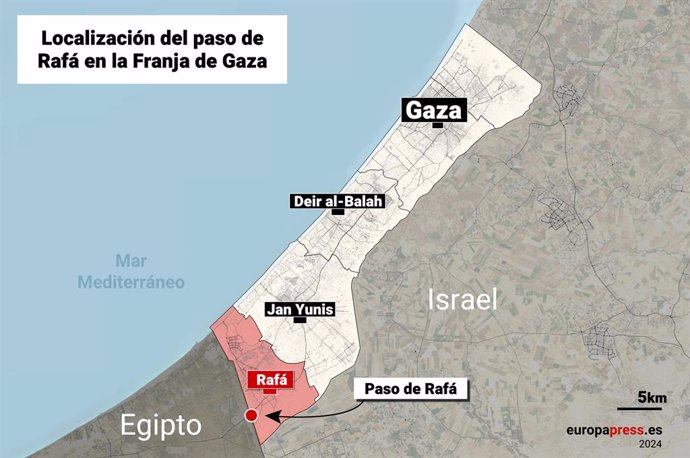 Mapa que representa el paso de Rafá en la Franja de Gaza. El Ejército de Israel ha confirmado la toma de la parte palestina del paso de Rafá, que conecta la Franja de Gaza con Egipto y que sirve como uno de los principales puntos de entrada de ayuda human