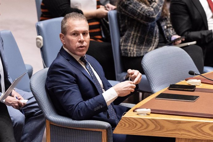 El representante permanente de Israel ante Naciones Unidas, Gilad Erdan, durante una comparecencia ante el Consejo de Seguridad de la ONU (archivo)