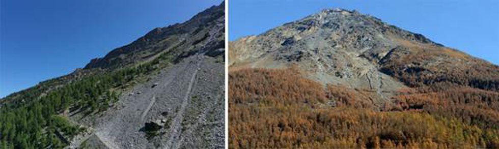 Vista de ladera del monte Tschgufer donde se aprecia el efecto de los desprendimientos / Alberto Muñoz