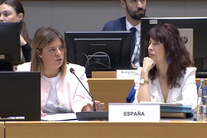 La vicepresidenta del Principado, Gimena Llamedo, durante su intervención ante el consejo en representación de las comunidades autónomas, acompañada por la ministra de Igualdad, Ana Redondo.