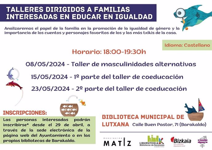 Cartel de los talleres de coeducación que Barakaldo va a ofrecer en la biblioteca de Lutxana.