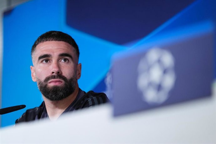 Dani Carvajal, jugador del Real Madrid, durante la rueda de prensa previa a la vuelta de semifinales de la UEFA Champions League.