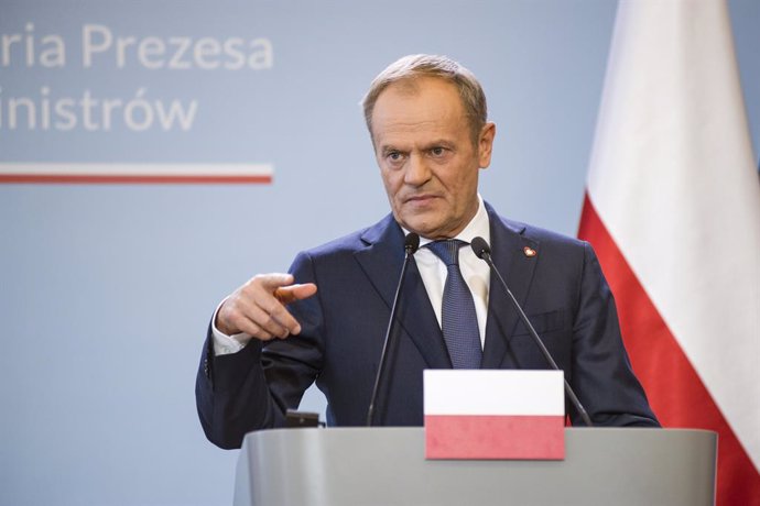 April 12, 2024, Warsaw, Poland: PM Donald Tusk speaks at a press conference with Prime Minister Kyriakos Mitsotakis (not pictured). The GreekÂ Prime MinisterÂ Kyriakos MitsotakisÂ arrived in WarsawÂ and met with Donald Tusk - Poland's PM. TheÂ Prime Minis