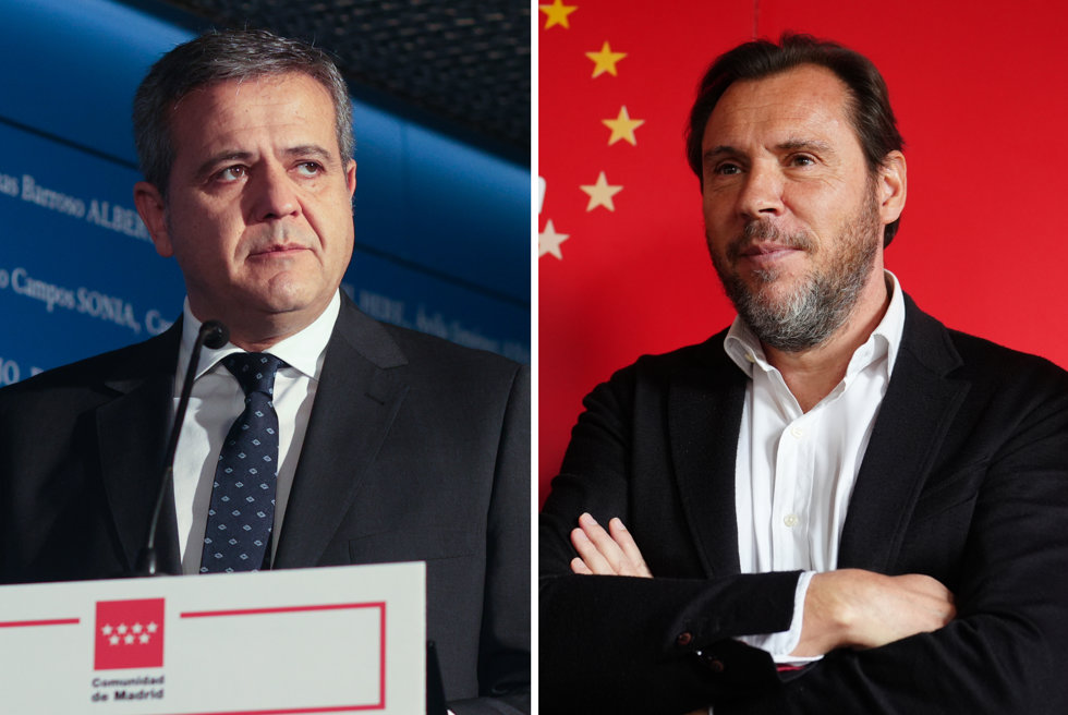 El consejero de Vivienda, Transportes e Infraestructuras de la Comunidad de Madrid, Jorge Rodrigo Domínguez y el ministro de Transportes, Oscar Puente