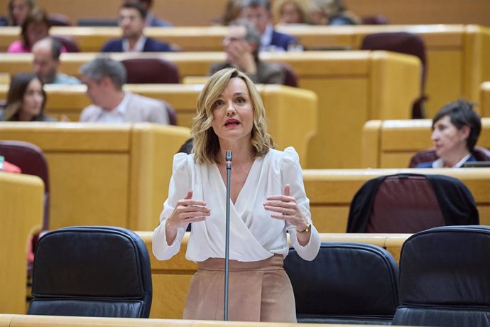 La ministra de Educación y Formación Profesional y Deportes, y portavoz del Gobierno, Pilar Alegría, interviene durante una sesión de Control en el Senado, a 7 de mayo de 2024, en Madrid (España). 