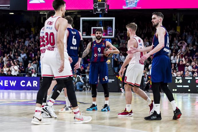Ricky Rubio of FC Barcelona in action during the Turkish Airlines EuroLeague, match played between FC Barcelona and Olympiacos Piraeus at Palau Blaugrana on April 26, 2024 in Barcelona, Spain.