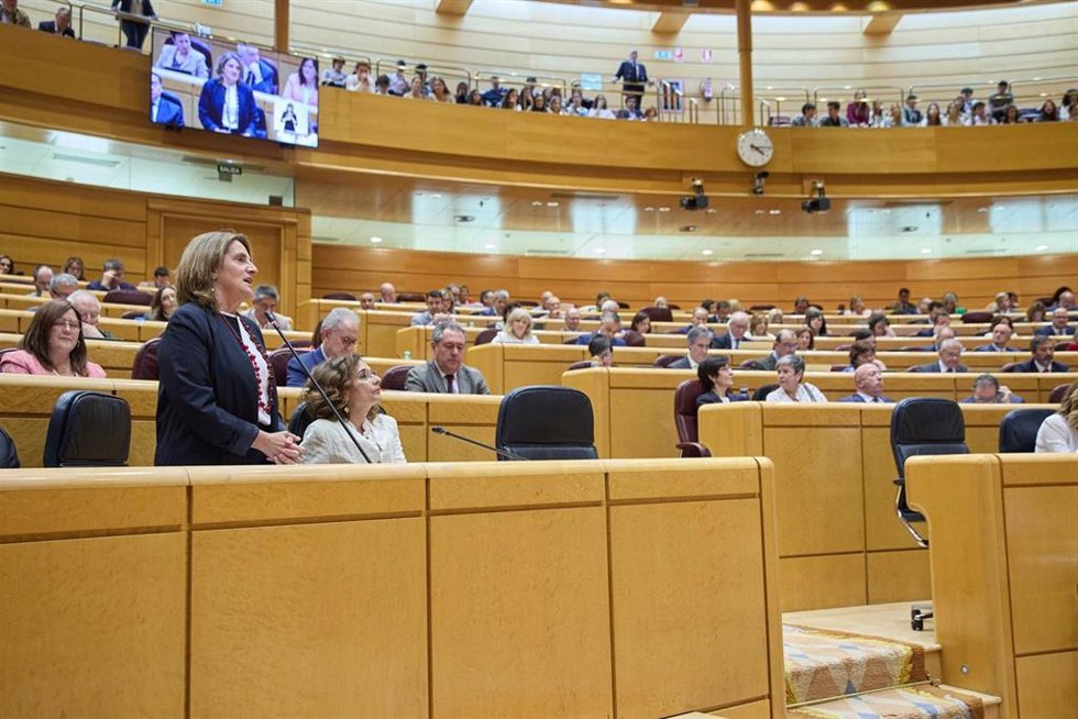 La vicepresidenta tercera y ministra para la Transición Ecológica y el Reto Demográfico, Teresa Ribera, interviene durante una sesión de Control en el Senado, a 7 de mayo de 2024, en Madrid (España). 