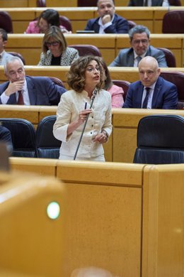 La vicepresidenta primera y ministra de Hacienda, María Jesús Montero, interviene durante una sesión de Control en el Senado, a 7 de mayo de 2024, en Madrid (España). Durante la sesión, se han abordado cuestiones como la ejecución de la construcción de 