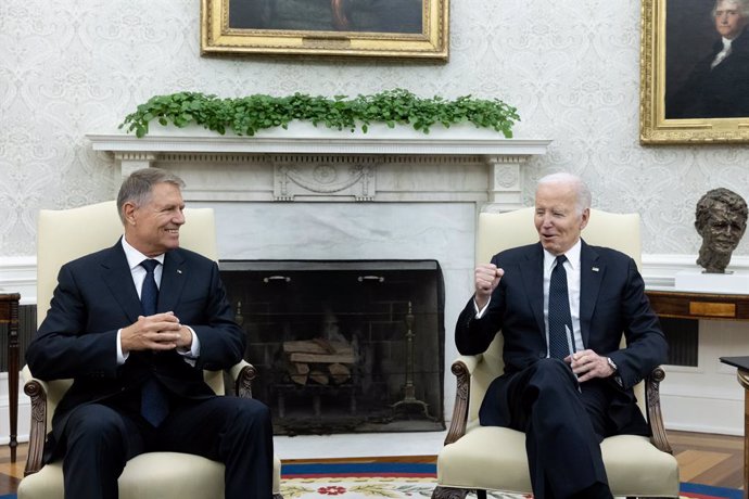 May 7, 2024, Washington, District Of Columbia, USA: United States President Joe Biden, right, speaks while hosting President Klaus Iohannis of Romania, left, in the Oval Office of the White House in Washington, DC, USA, 07 May 2024. President Iohannis is 