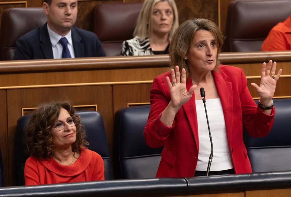 La vicepresidenta tercera y ministro para la Transición Ecológica, Teresa Ribera, interviene durante una sesión de control al Gobierno, en el Congreso de los Diputados, a 10 de abril de 2024, en Madrid (España). 