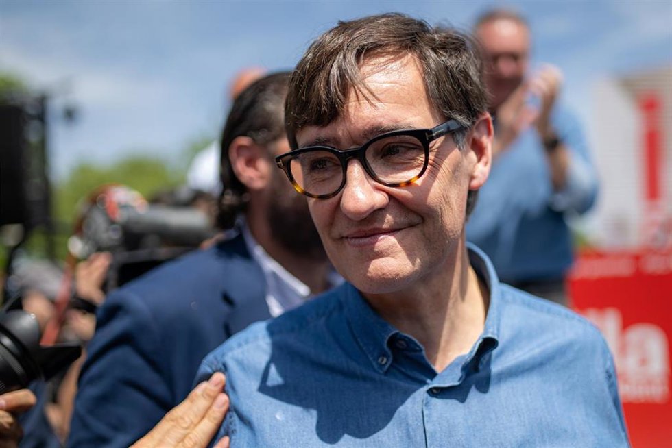El líder del PSC y candidato a las elecciones catalanas, Salvador Illa, durante un mitin del PSC, a 4 de mayo de 2024, en Montmeló, Barcelona, Catalunya (España).