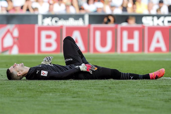 Jaume Domenech of Valencia injured during the Spanish league, La Liga EA Sports, football match played between Valencia CF and Real Deportivo Alaves at Mestalla stadium on May 5, 2024, in Valencia, Spain.