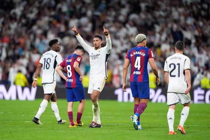 Jude Bellingham of Real Madrid celebrates a goal during the Spanish League, LaLiga EA Sports, football match played between Real Madrid and FC Barcelona at Santiago Bernabeu stadium on April 21, 2024 in Madrid, Spain.