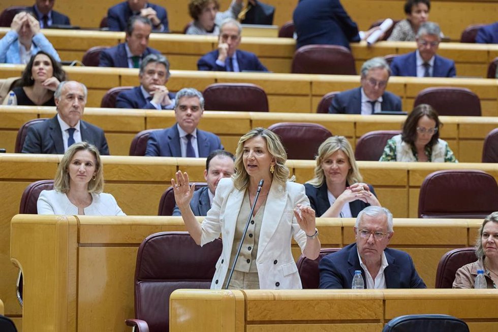 La portavoz del Partido Popular en el Senado, Alicia García Rodríguez, interviene durante una sesión de Control en el Senado, a 7 de mayo de 2024, en Madrid (España). Durante la sesión, se han abordado cuestiones como la ejecución de la construcción de 