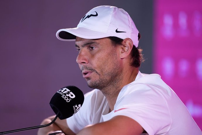 Rafael Nadal of Spain attends his press conference after losing against Jiri Lehecka of Czech Republic during the Mutua Madrid Open 2024, ATP Masters 1000 and WTA 1000, tournament celebrated at Caja Magica on April 30, 2024 in Madrid, Spain.