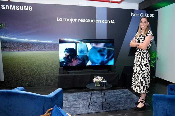 Olga Garcia poses for photo after an interview for Europa Press during a Samsung TV presentation at Espacio La Salle by Eneldo on May 08, 2024 in Madrid, Spain.