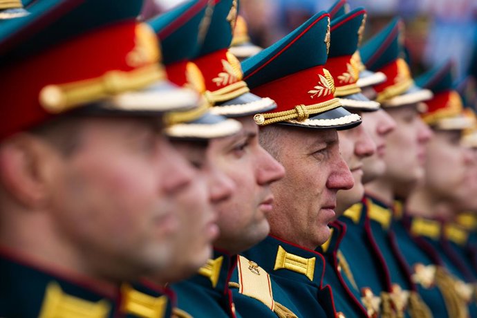 May 5, 2024, St. Petersburg, Russia: Russian military personnel of the parade squads during the dress rehearsal of the Victory Parade on Palace Square. On May 9, 2024, Russia will celebrate Victory Day in the Great Patriotic War for the 79th time. The p