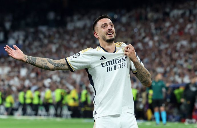 08 May 2024, Spain, Madrid: Real Madrid's Joselu celebrates scoring his side's second goal during the UEFA Champions League semi-final, second leg match between Real Madrid and Bayern Munich at the Santiago Bernabeu. Photo: Isabel Infantes/PA Wire/dpa