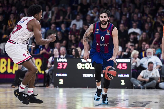 Ricky Rubio of FC Barcelona in action during the Turkish Airlines EuroLeague, match played between FC Barcelona and Olympiacos Piraeus at Palau Blaugrana on April 24, 2024 in Barcelona, Spain.