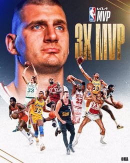 Cartel de la NBA anunciando el tercer MVP de Nikola Jokic