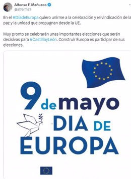 Captura del mensaje publicado por el presidente de la Junta en 'X' en el Día de Europa