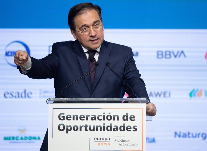 El ministro de Asuntos Exteriores, Unión Europea y Cooperación, José Manuel Albares, interviene durante el foro 'Generación de Oportunidades', en el Auditorio ‘El Beatriz Madrid’, a 6 de mayo de 2024, en Madrid (España). 'Generación de Oportunidades' es l