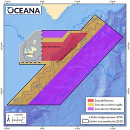 Un mapa en el que se muestra la propuesta de zonificación presentada por Oceana para la zona ampliada del Parque Nacional de Cabrera.