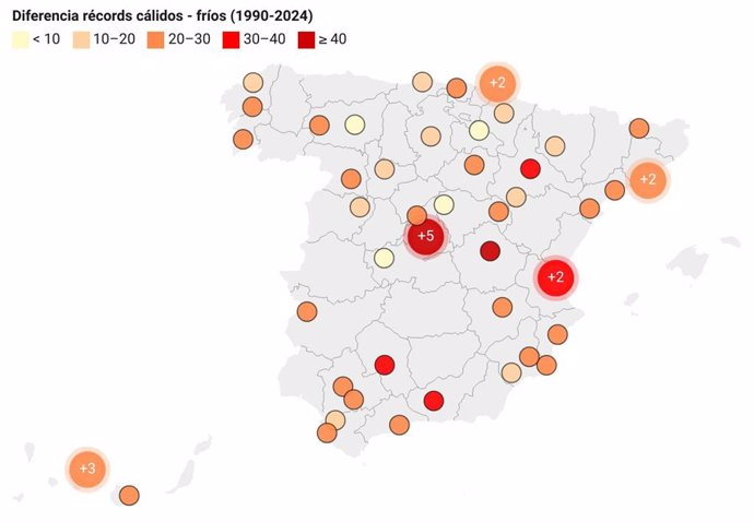España ha registrado más de seis récords cálidos por cada uno frío entre 1990 y 2024, según Eltiempo.Es.