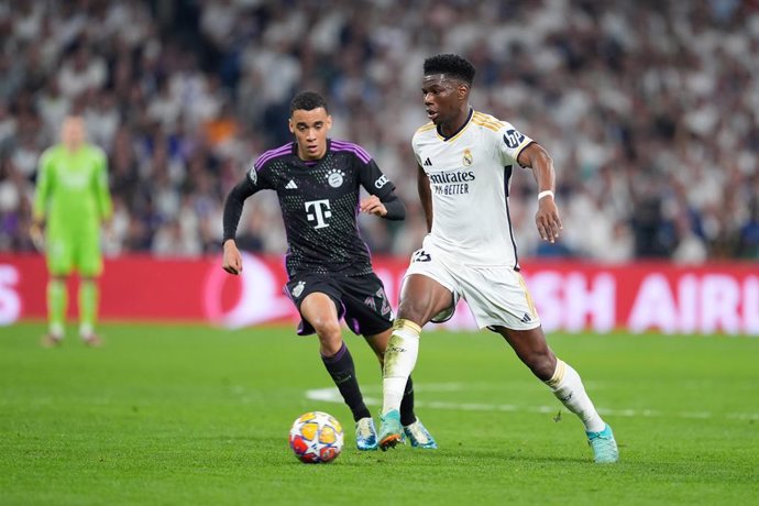 Aurelien Tchouameni of Real Madrid in action during the UEFA Champions League, Semi Final Second Leg, football match played between Real Madrid and FC Bayern Munich at Santiago Bernabeu stadium on May 08, 2024 in Madrid, Spain.