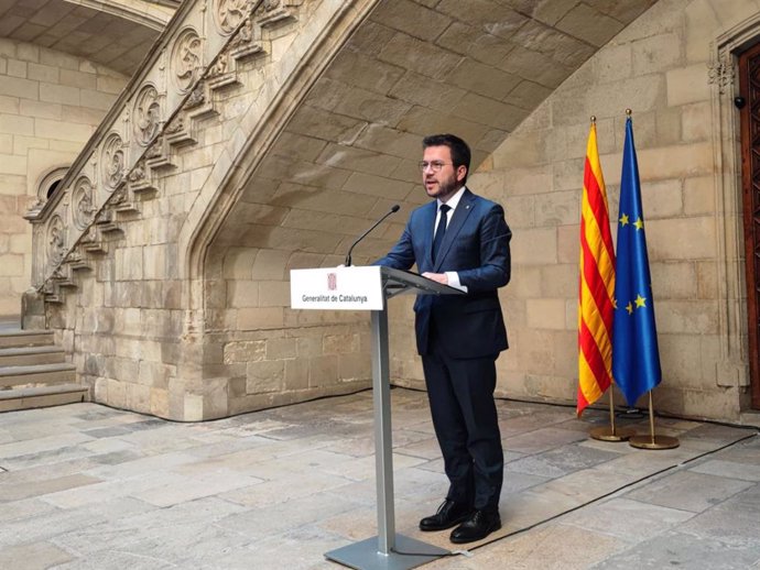 El presidente catalán, Pere Aragonès, en el acto conmemoriativo por el Día de Europa, en el Palau de la Generalitat, a 9 de mayo de 2024.