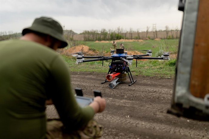 April 18, 2024, Donetsk Region, Ukraine: A six-engine military drone of the Ukrainian army armed with anti-tank mines, preparing for take-off, in the pilot training camp, located in the immediate vicinity of the war front, while the pilot prepares the rad