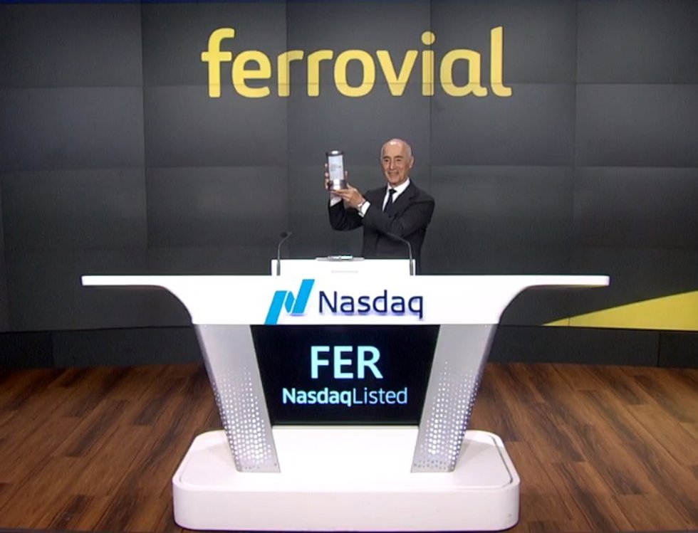 El presidente de Ferrovial, Rafael del Pino, en el acto de toque de campana en la Bolsa de Nueva York el 9 de mayo de 2024