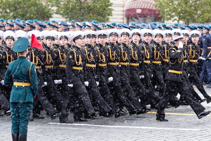 MOSCOW, May 9, 2024  -- Servicemen march during the Victory Day military parade, which marks the 79th anniversary of the Soviet victory in the Great Patriotic War, Russia's term for World War II, on Red Square in Moscow, Russia, May 9, 2024.,Image: 871426